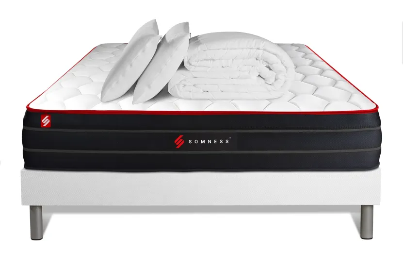 Pack lit complet 160x200 cm - Matelas + Sommier Blanc + 2 oreillers + Couette - Boost