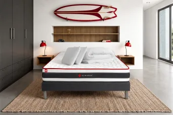 Pack lit complet 140x190 cm - Matelas + Sommier Noir + 2 oreillers + Couette - Energy