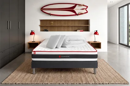 Pack lit complet 140x190 cm - Matelas + Sommier Noir + 2 oreillers + Couette - Energy