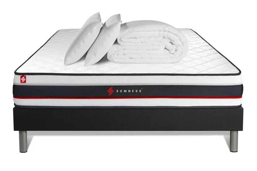 Pack lit complet 200x200 cm - Matelas + Sommier Noir noir (en kit) + 2 oreillers + Couette - Form