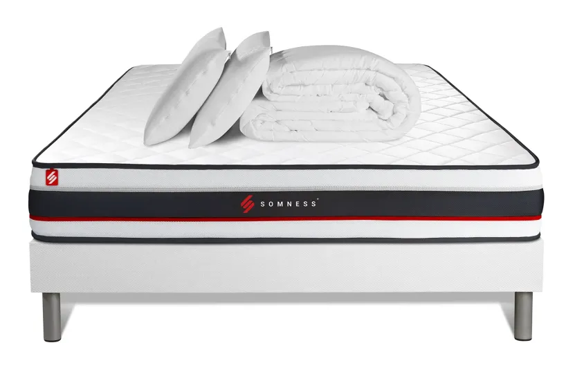 Pack lit complet 140x190 cm - Matelas + Sommier Blanc (en kit) + 2 oreillers + Couette - Form
