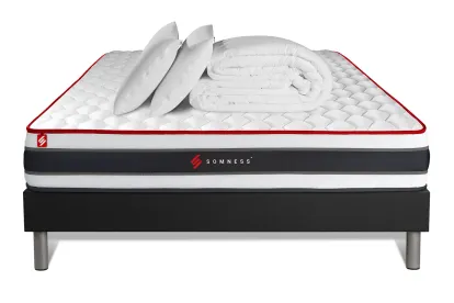 Pack lit complet 160x200 cm - Matelas + Sommier Noir + 2 oreillers + Couette - Energy