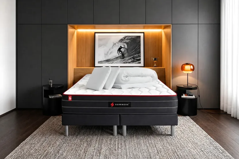 Pack lit complet 200x200 cm - Matelas + 2 Sommiers noirs  + 2 oreillers + Couette - Boost