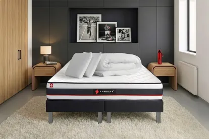 Pack lit complet 160x200 cm - Matelas + 2 Sommiers noirs + 2 oreillers + Couette - Form