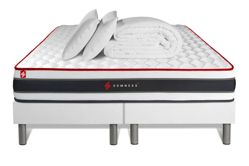 Pack lit complet 200x200 cm - Matelas + 2 Sommiers Blancs blancs  + 2 oreillers + Couette - Energy