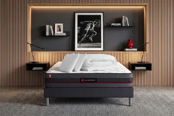 Pack lit complet 200x200 cm - Matelas + Sommier Noir (en kit) + 2 oreillers + Couette - Regen
