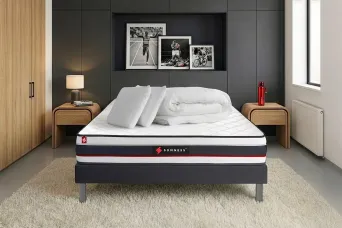 Pack lit complet 140x190 cm - Matelas + Sommier Noir + 2 oreillers + Couette - Form