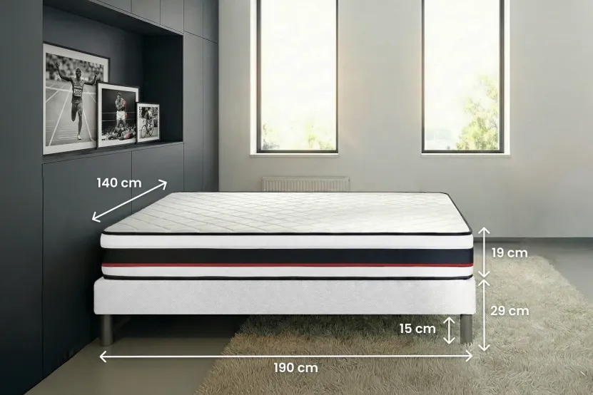 Pack lit complet 140x190 cm - Matelas + Sommier Blanc (en kit) + 2 oreillers + Couette - Energy