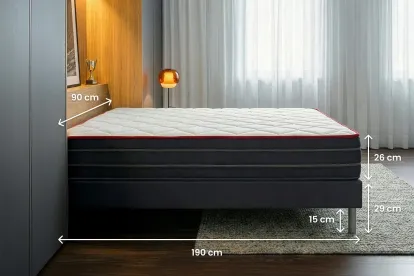 Ensemble Matelas Sommier 90x190 cm - Sommier Noir (déjà monté) - Boost